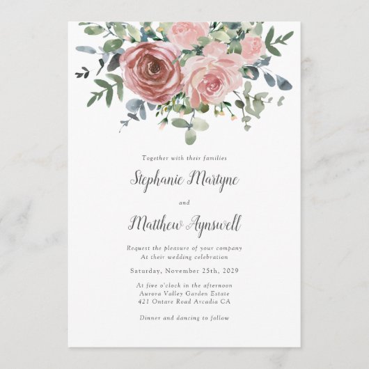 Dusty Rose Eukalyptus Botanische Hochzeit Einladun Einladung (Vorderseite)