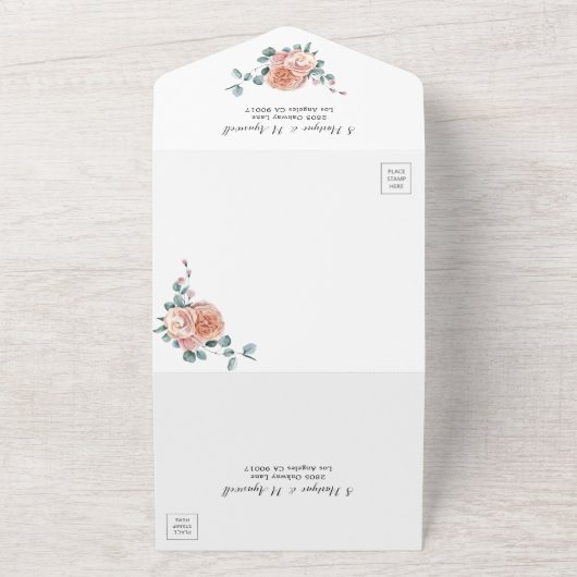 Dusty Rose Eukalyptus Floral Botanische Hochzeit All In One Einladung (Außenbereich)