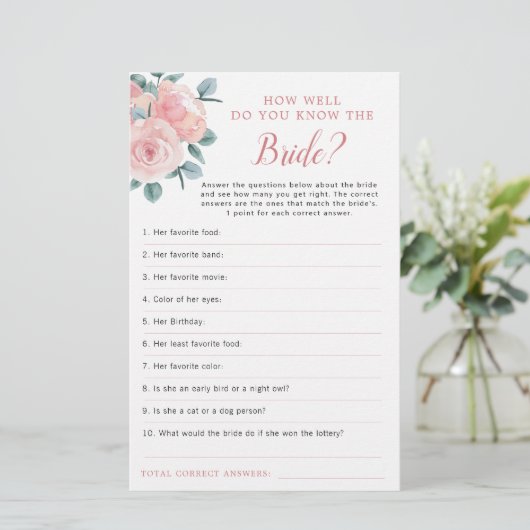 Dusty Rose Eukalyptus Floral Brautparty Game (Stehend Vorderseite)