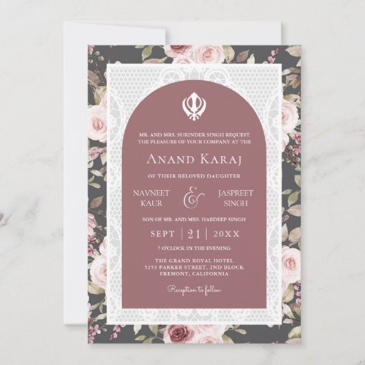 Dusty Rose Floral Anand Karaj Punjabi Sikh Wedding Einladung (Vorderseite)