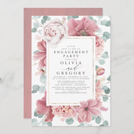 Dusty Rose Floral Botanical Engagement Party Einladung (Vorne/Hinten)