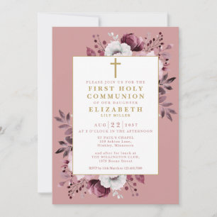 Dusty Rose Floral Botanische Erstkommunion Einladung