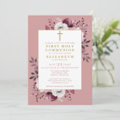 Dusty Rose Floral Botanischer Erste Heilige Kommun Einladung (Stehend Vorderseite)