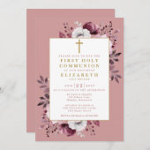 Dusty Rose Floral Botanischer Erste Heilige Kommun Einladung (Vorne/Hinten)