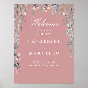 Dusty Rose Floral Cascade Wedding Willkommenszeich Poster