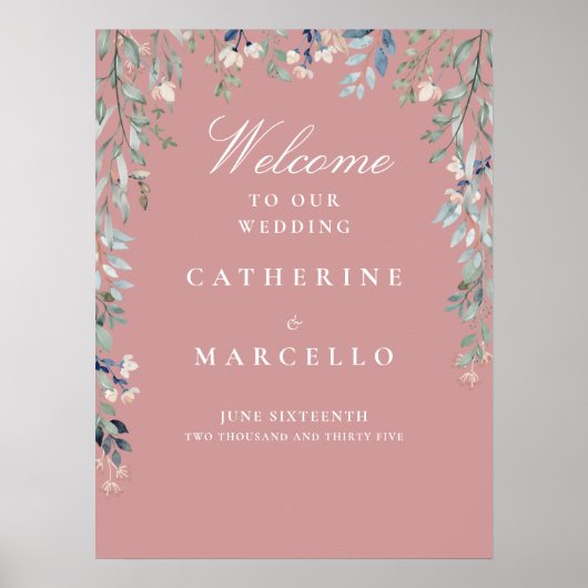 Dusty Rose Floral Cascade Wedding Willkommenszeich Poster (Vorne)