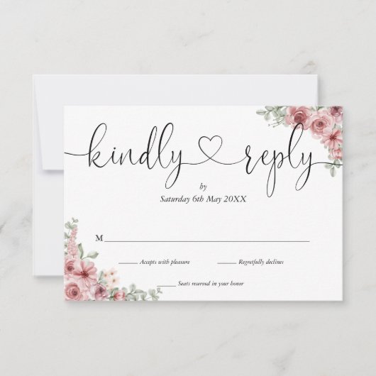 Dusty Rose Floral Chic Script Herzlich Willkommen  RSVP Karte (Vorderseite)