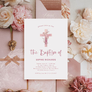 Dusty Rose Floral Cross   Hübsch-rosa-Taufe Einladung