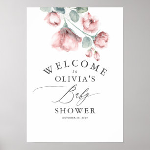 Dusty Rose Floral Elegant Babydusche Willkommen Poster