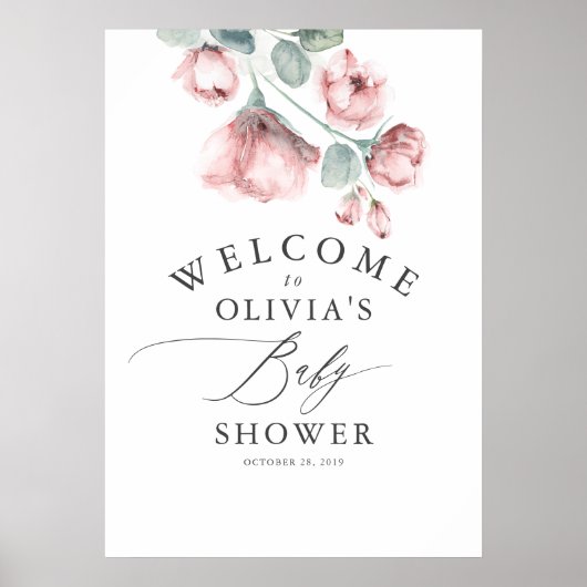Dusty Rose Floral Elegant Babydusche Willkommen Poster (Vorne)