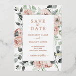 Dusty Rose Floral Elegante Hochzeit Save the Date Folieneinladung<br><div class="desc">Elegante Blumenhochzeit ohne Foto Speichern Sie die Date-Karte mit einem Rahmen aus Aquarellfarben lackierte Rose in staubigen Rose Rosa und Grün in Schattierungen von Salbei Grün. Der gesamte Text auf der Vorderseite ist in realer Rose Goldfolie. Diese hübsche botanische Themenkarte ist Save the Date Teil einer Sammlung, die sich hervorragend...</div>