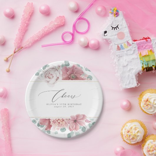 Dusty Rose Floral Elegantes botanisches Papierplat Pappteller (Party)