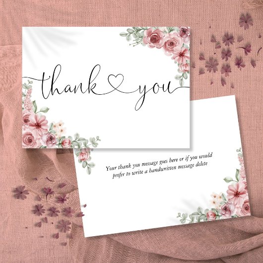 Dusty Rose Floral Elegantes Script Herz Dankeskarte
