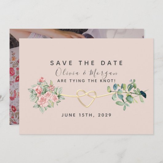 Dusty Rose Floral Eukalyptus Wedding Save The Date (Vorne/Hinten)