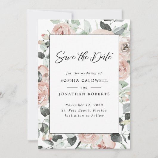 Dusty Rose Floral Eukalyptus Wedding Save The Date (Vorderseite)