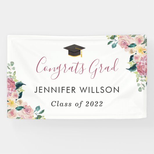 Dusty Rose Floral Glückwunschs Grad Graduation Par Banner (Horizontal)