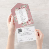 Dusty Rose Floral Gold Geometric QR Code Wedding All In One Einladung (Abreißen)
