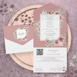 Dusty Rose Floral Gold Geometric QR Code Wedding All In One Einladung