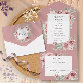 Dusty Rose Floral Gold Geometric Wedding All In One Einladung
