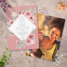 Dusty Rose Floral Gold Geometric Wedding Foto Einladung