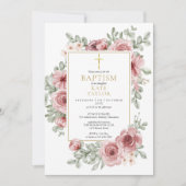 Dusty Rose Floral Gold Taufe Christening Einladung (Vorderseite)