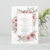 Dusty Rose Floral Gold Taufe Christening Einladung (Stehend Vorderseite)