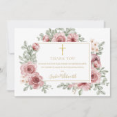 Dusty Rose Floral Gold Taufe Christening Foto Dankeskarte (Vorderseite)