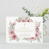 Dusty Rose Floral Gold Taufe Christening Foto Dankeskarte (Stehend Vorderseite)