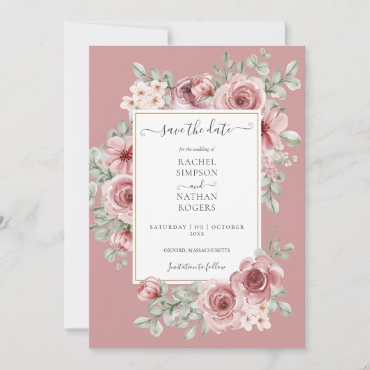 Dusty Rose Floral Gold Wedding Foto Save The Date (Vorderseite)