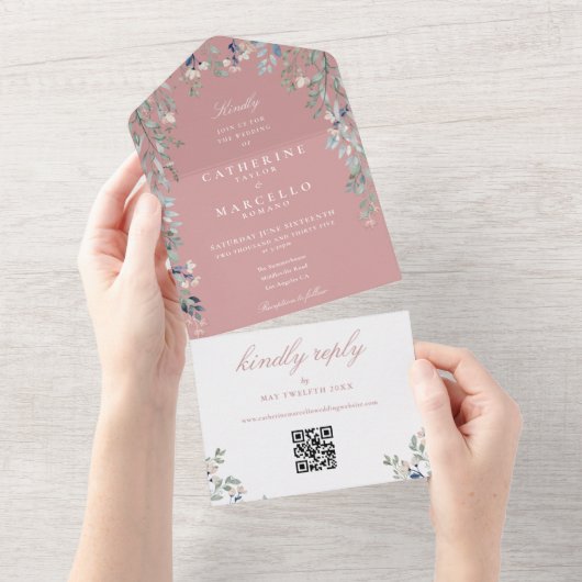 Dusty Rose Floral Greenery QR Code Wedding All In One Einladung (Abreißen)