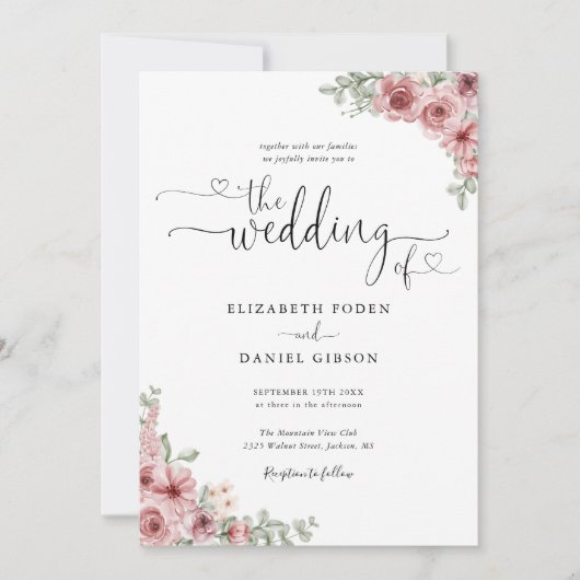 Dusty Rose Floral Hearts Script Foto Wedding Einladung (Vorderseite)