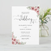 Dusty Rose Floral Hearts Script Foto Wedding Einladung (Stehend Vorderseite)