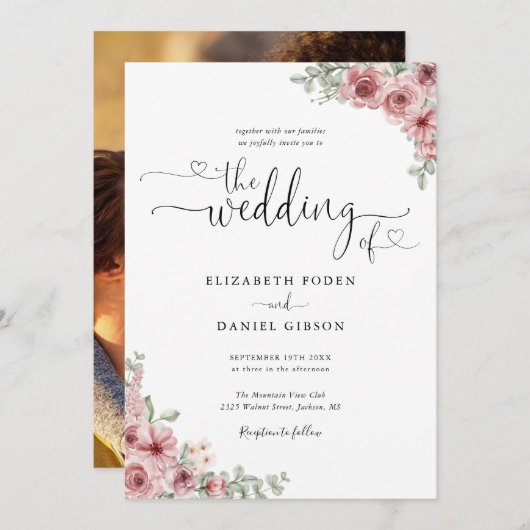 Dusty Rose Floral Hearts Script Foto Wedding Einladung (Vorne/Hinten)