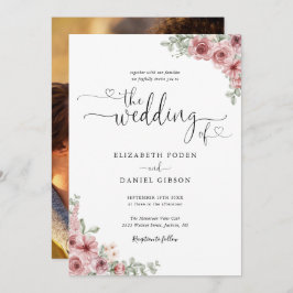 Dusty Rose Floral Hearts Script Foto Wedding Einladung