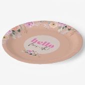 Dusty Rose floral "hello vier oh" Retro Pappteller (Schrägansicht)