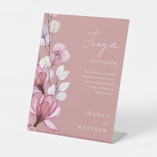 Dusty Rose Floral Jenga Wedding Gäestbook Sockelschild (Vorderseite)