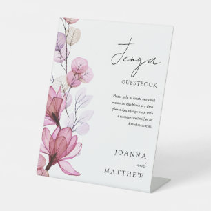 Dusty Rose Floral Jenga Wedding Gäestbook Sockelschild