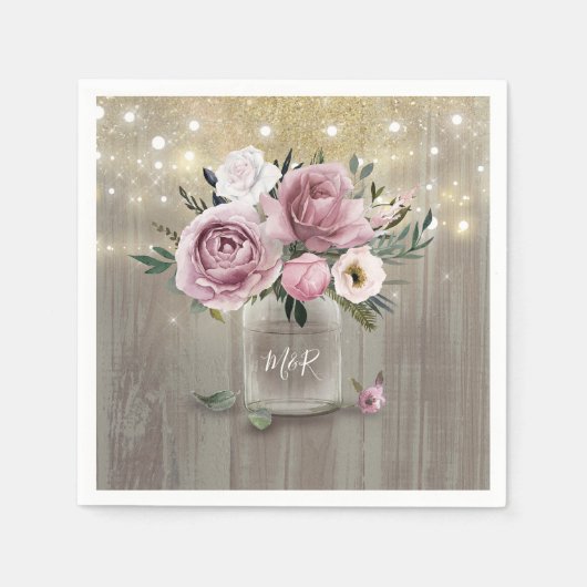 Dusty Rose Floral Mason Jar Rustic Country Wood Serviette (Vorderseite)