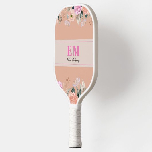 Dusty Rose floral mit Monogramm Pickleball Schläger (Links)