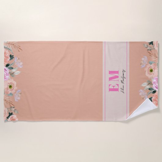 Dusty Rose floral mit Monogramm Strandtuch (Vorderseite)