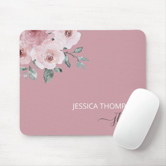 Dusty Rose Floral Modern Monogram Name Mousepad (Mit Mouse)