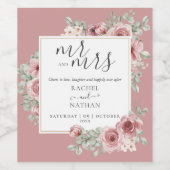 Dusty Rose Floral Mr. und Mrs. Cheers Wedding Wine Weinetikett (Einzelnes Label)