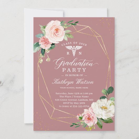 Dusty Rose Floral Nursing School Graduation Party Einladung (Vorderseite)