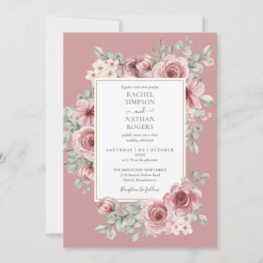 Dusty Rose Floral QR Code Wedding Einladung (Vorderseite)
