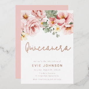 Dusty Rose Floral Quinceanera Party Rose Gold Folieneinladung