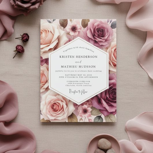 Dusty Rose Floral Romance Wedding Einladung