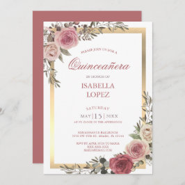 Dusty Rose Floral Rose Gold Quinceañera Einladung