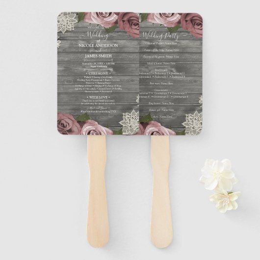 Dusty Rose Floral Rose Rustic Lace Gray Wedding Fächer (Vorne und Hinten)