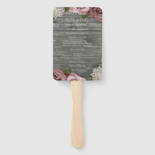 Dusty Rose Floral Rose Rustic Lace Gray Wedding Fächer (Rückseite)