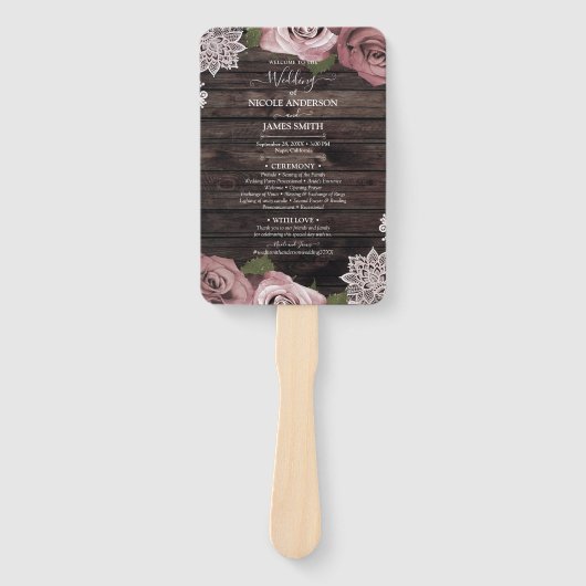 Dusty Rose Floral Rose Rustic Wood Lace Wedding H Fächer (Vorderseite)